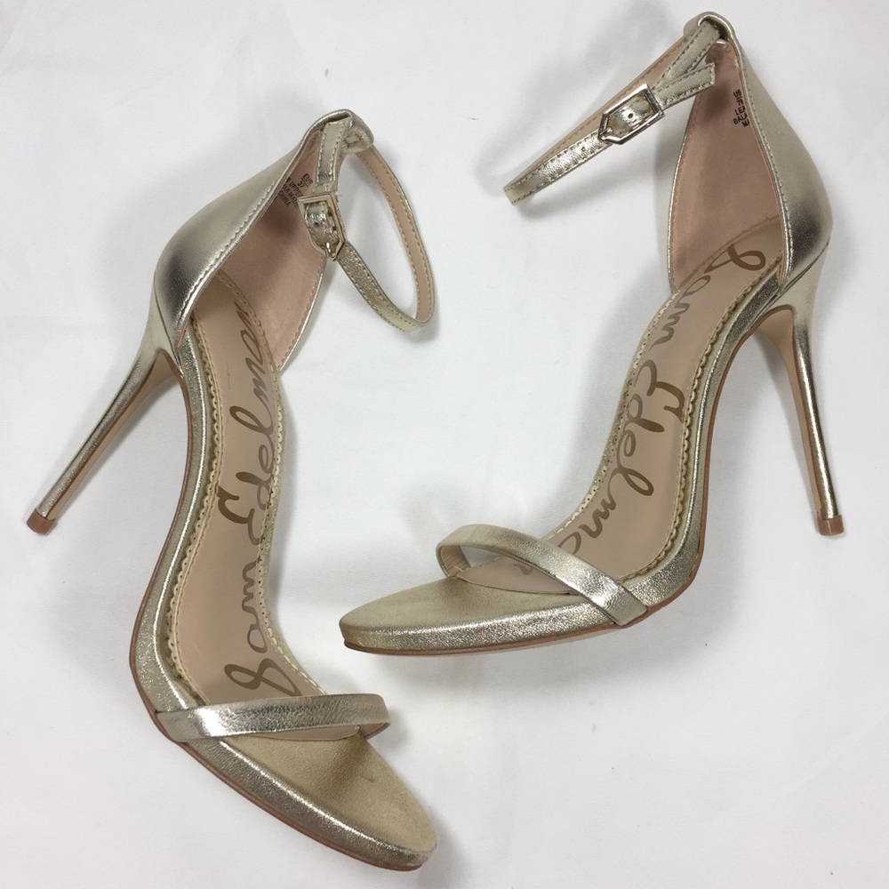 SOLD SAM EDELMAN Nadya Gold Ankle Stiletto Heels - Picture 1 of 8
